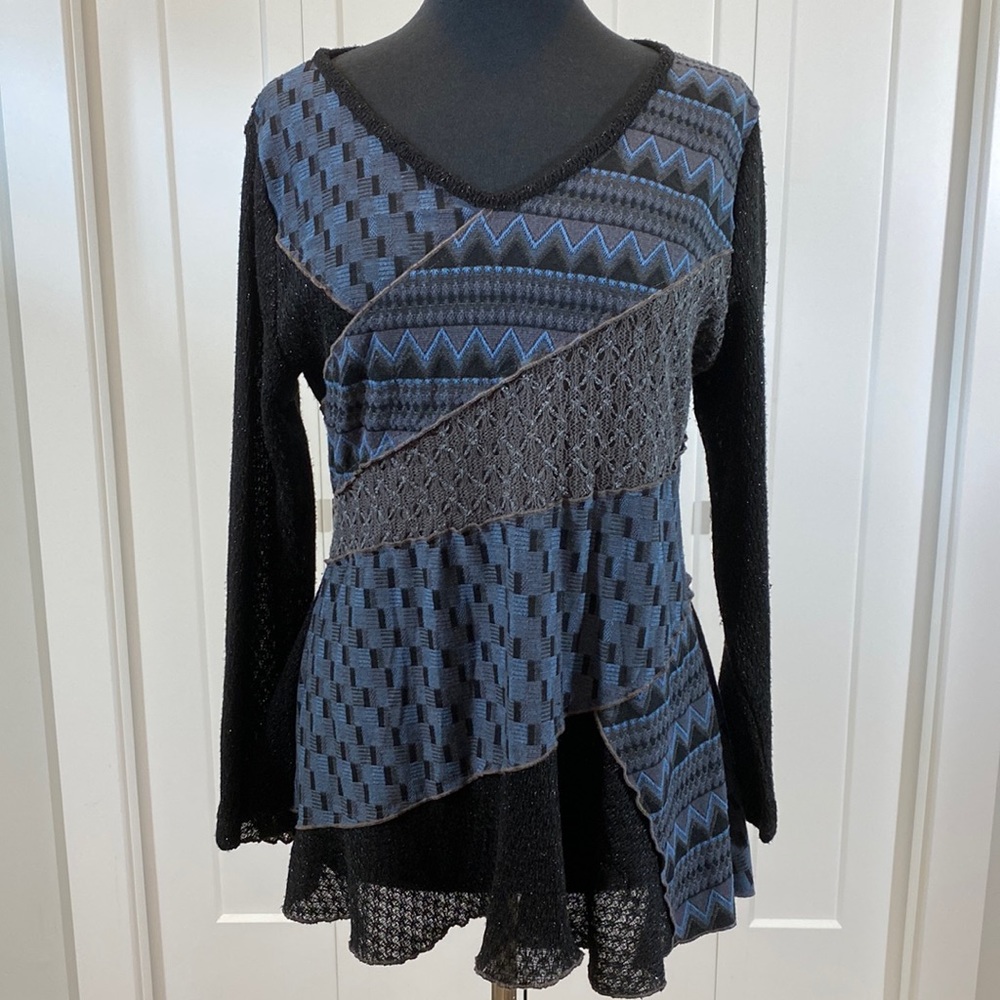 Elegant Black and Blue Patchwork Blouse